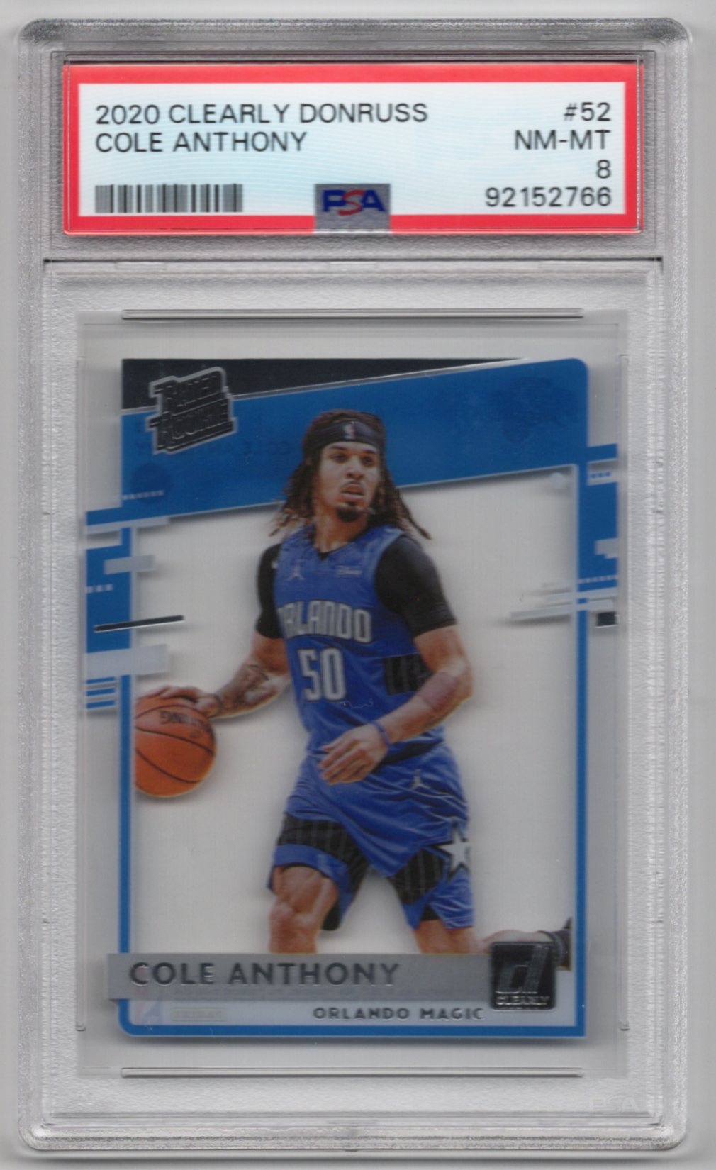 2020-21 Panini Clearly Donruss - Rated Rookie Cole Anthony #52 (RC) PSA 8
