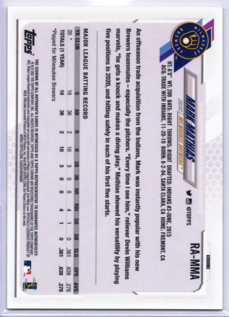 2021 Topps Chrome Mark Mathias #RA-MMA Refractor Auto Miwaukee Brewers RC