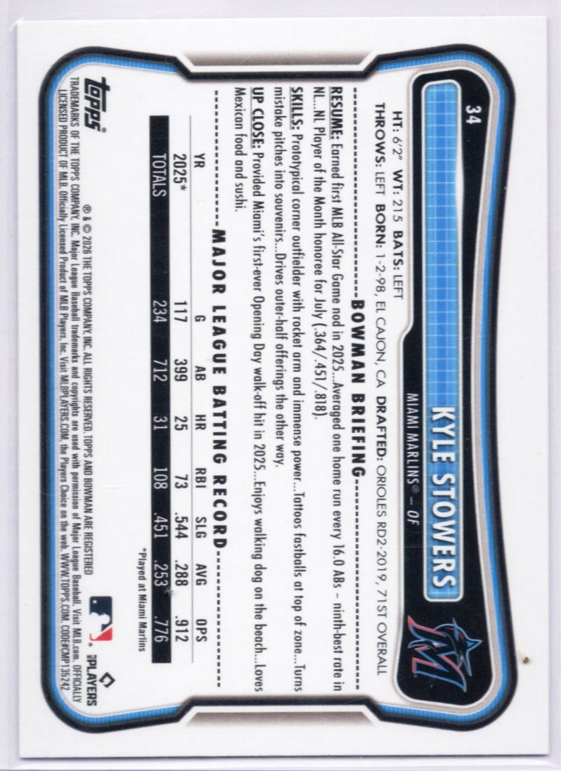 2026 Bowman - Kyle Stowers 188/250 Purple Border #34 Miami Marlins