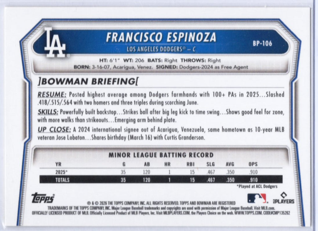 2026 Bowman Francisco Espinoza #BP-106 1st Prospect Yellow Paper 15/75