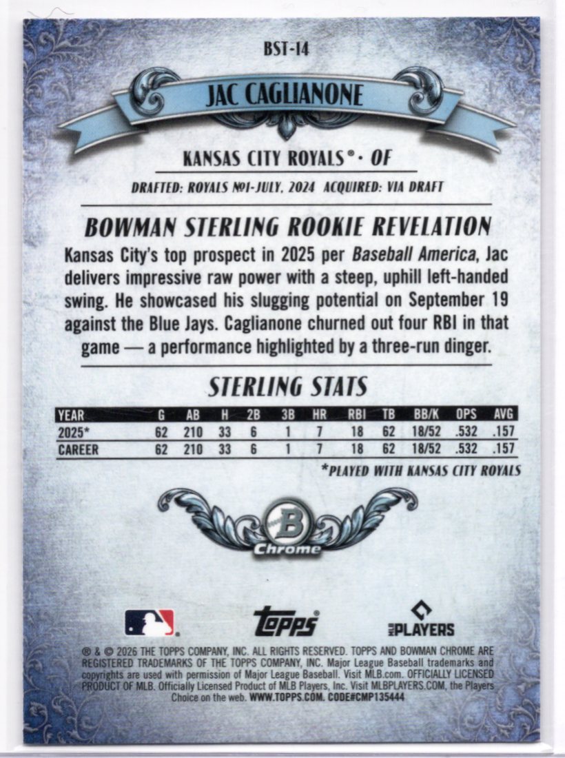 2026 Bowman Jac Caglianone RC Mega Box Mojo Refractor Sterling #BST-14 Royals