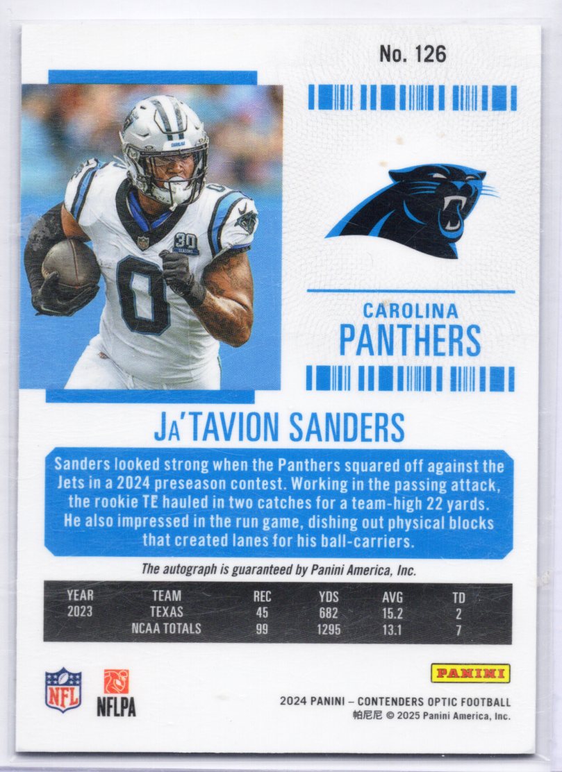 2024 Panini Contenders #126 Ja'Tavion Sanders Rookie Ticket Auto RC