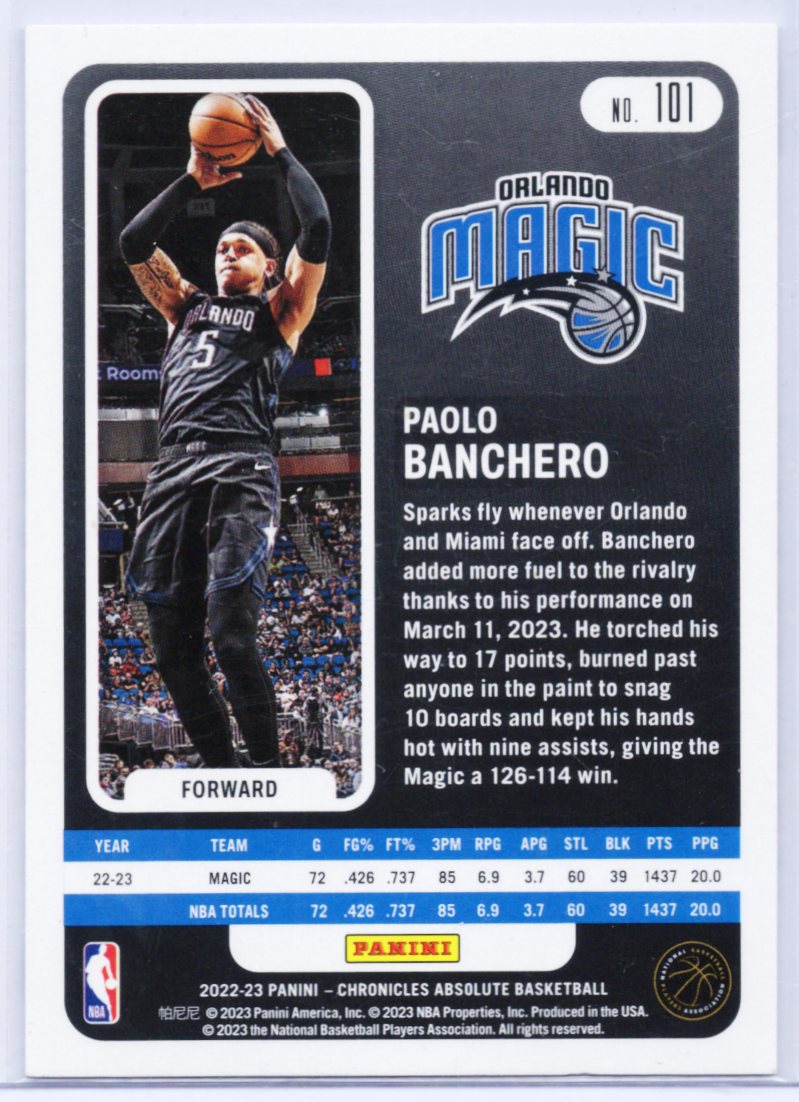 2022-23 NBA Panini Chronicles Paolo Banchero Absolute RC #101