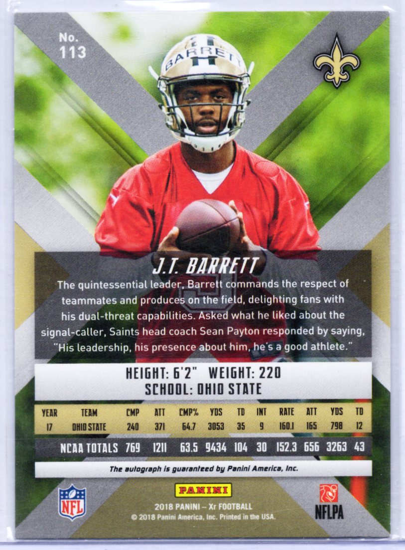 J.T. Barrett 2018 Panini XR Rookie Auto Orange 08/49 #113 Ohio State Saints SP