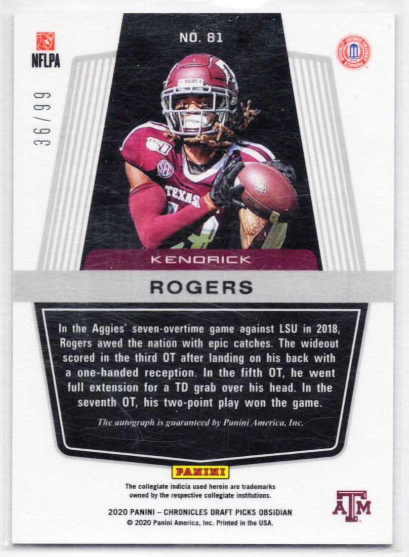2020 Panini Chronicles Draft Picks Obsidian Kendrick Rogers 36/99