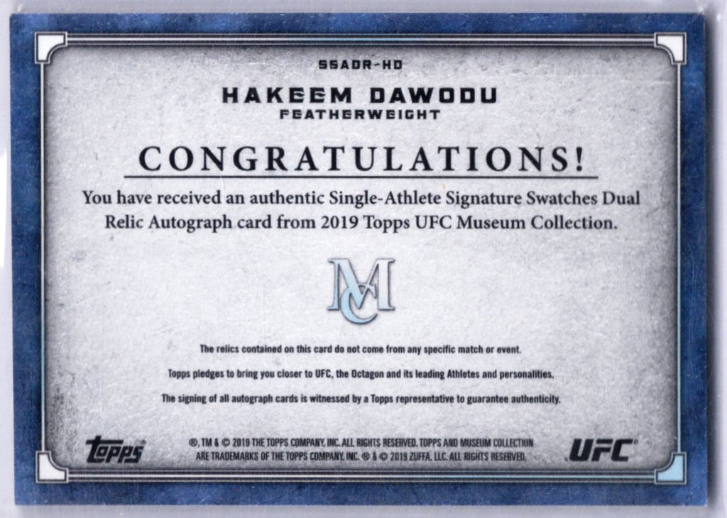 2019 Topps UFC Museum HAKEEM DAWODU Signature Swatches Dual Relic Auto 145/160