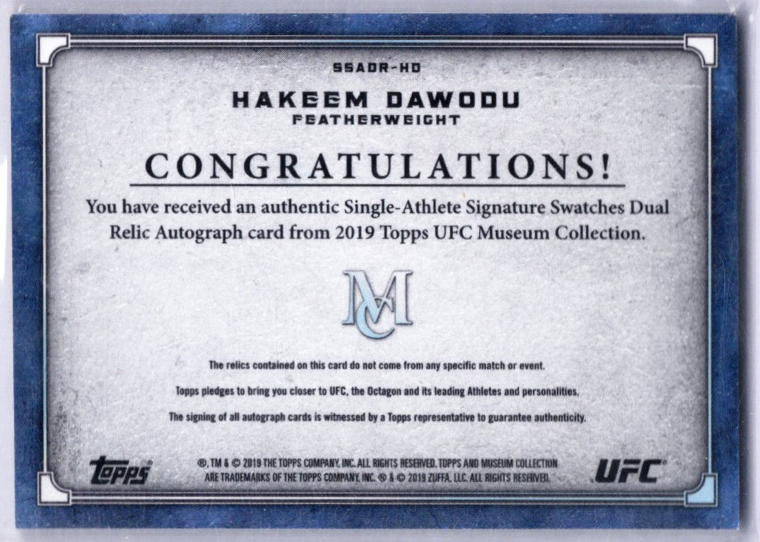2019 Topps UFC Museum HAKEEM DAWODU Signature Swatches Dual Relic Auto 145/160