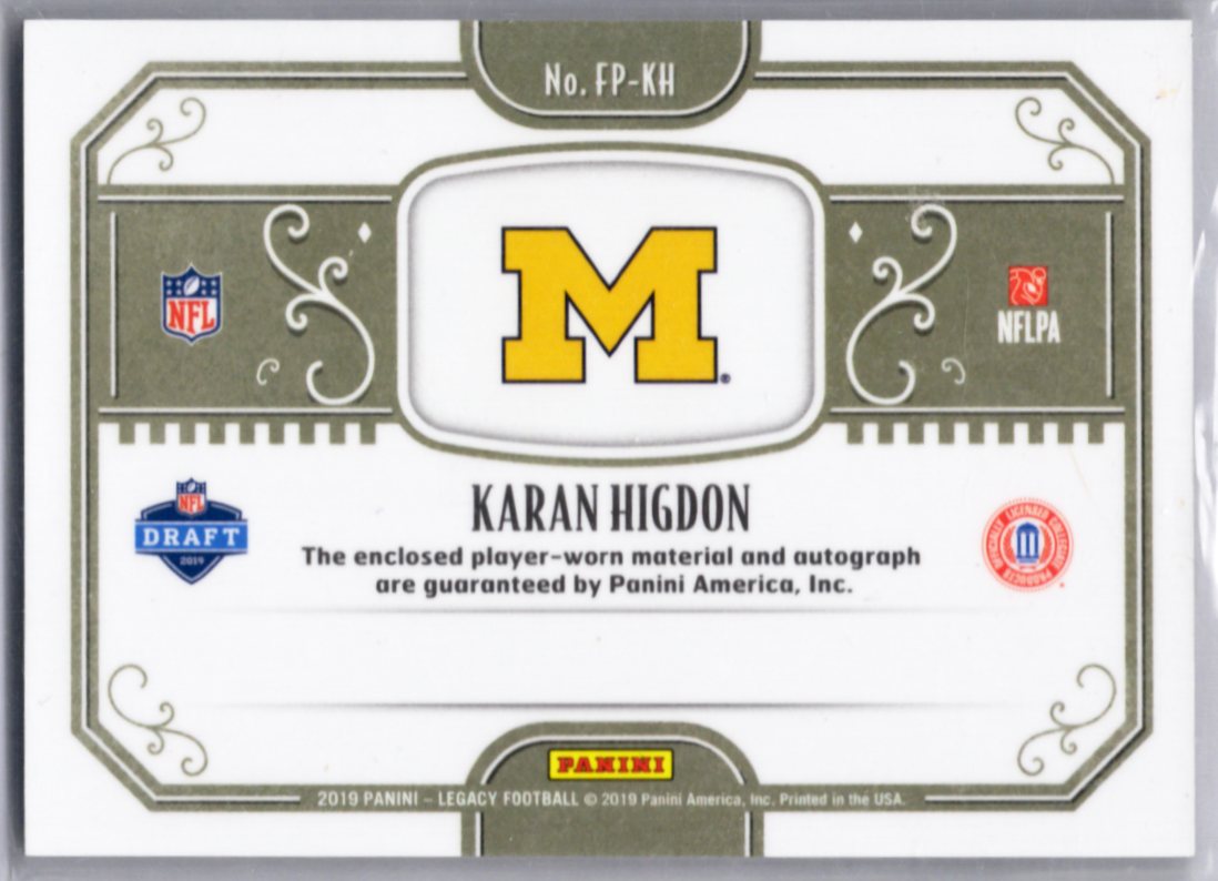 2019 Panini Legacy Futures Patch Autographs #FP-KH Karan Higdon - Michigan