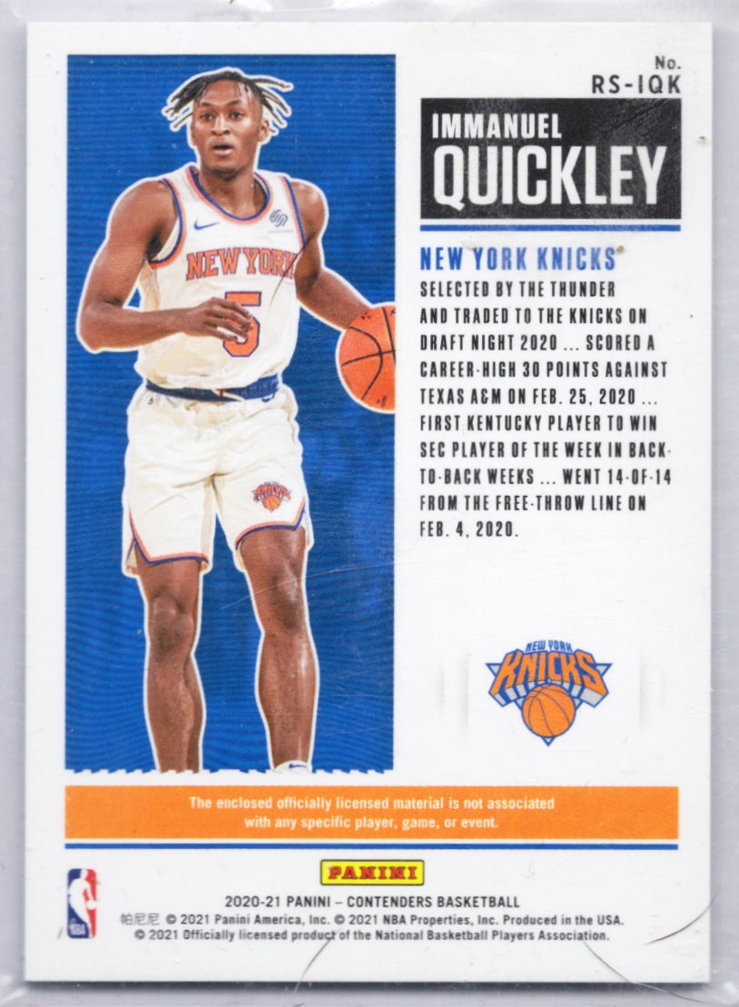 IMMANUEL QUICKLEY 2020-21 Panini Contenders Basketball RC Rookie Card No. RS-IQK