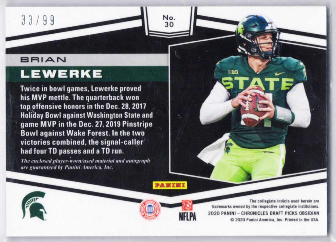 2020 Panini Chronicles Draft Picks Obsidian BRIAN LEWERKE AUTO Patch RC 33/99