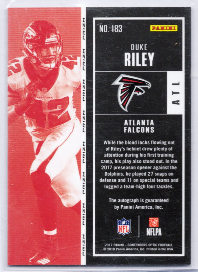 2017 Panini Contenders Optic Rookie Ticket Autograph Duke Riley #183 Silver