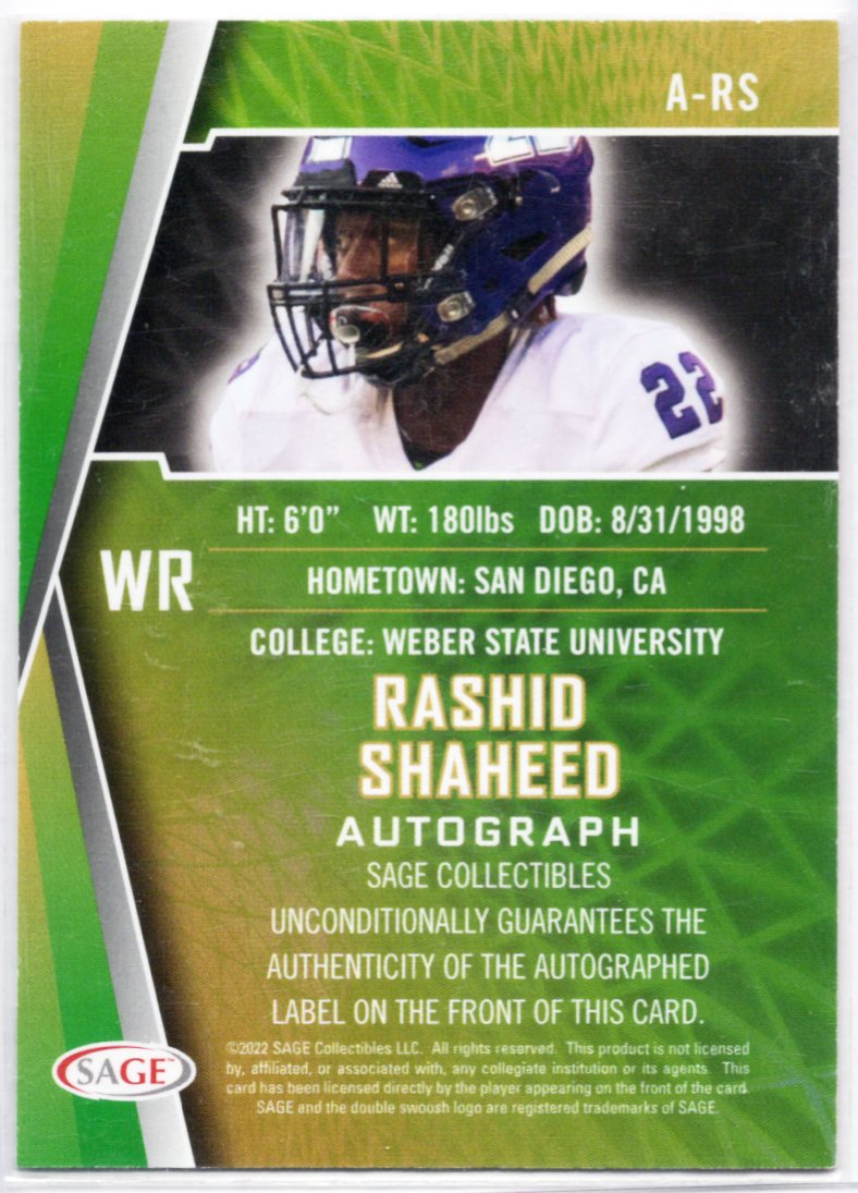 2022 SAGE High Series - Autographs Rashid Shaheed #A-RS Red (AU, RC)