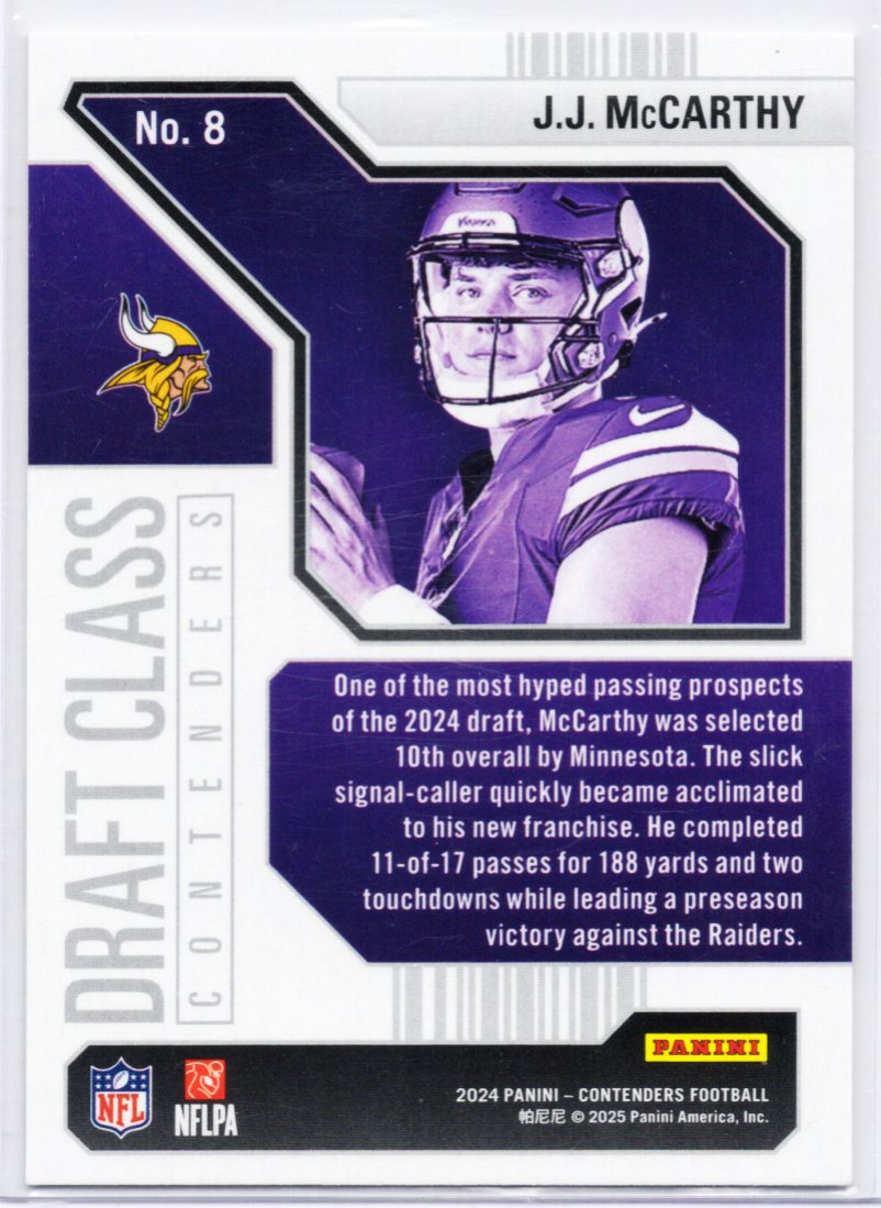 JJ McCARTHY 2024 Contenders Football #8 Silver Draft Class Contenders RC VIKINGS