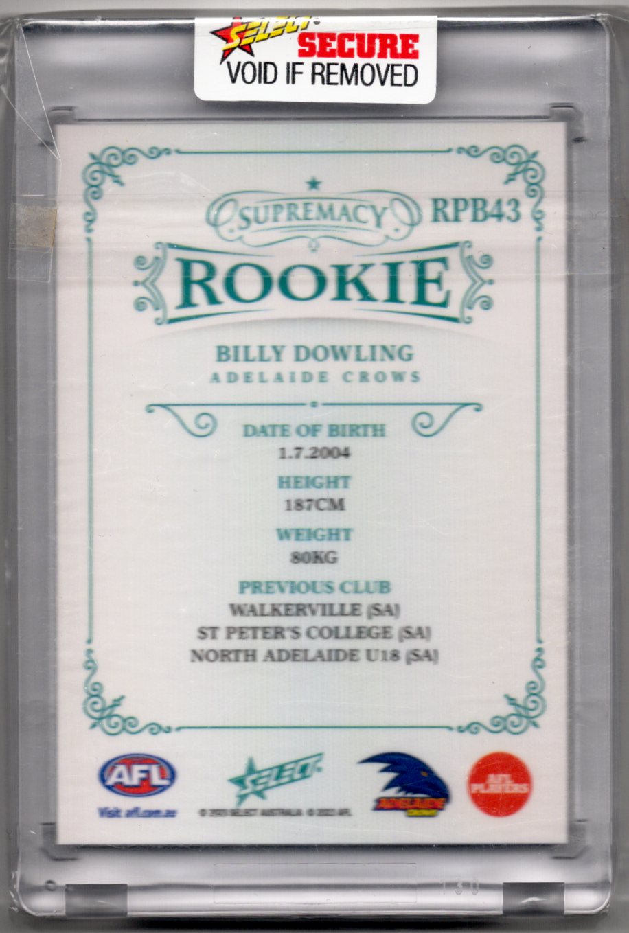 2023 Select AFL Supremacy Rookie Blue - BILLY DOWLING - ADELAIDE - #26/75