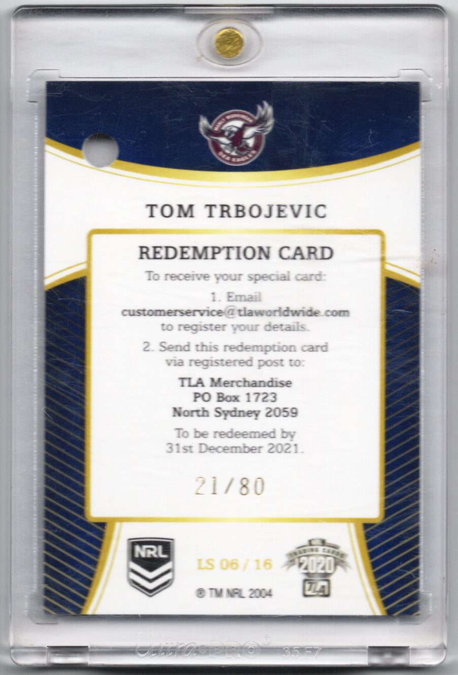 Elite 2020 NRL Tom Trbojevic Manly League Sensations Auto and Redemption  21/80