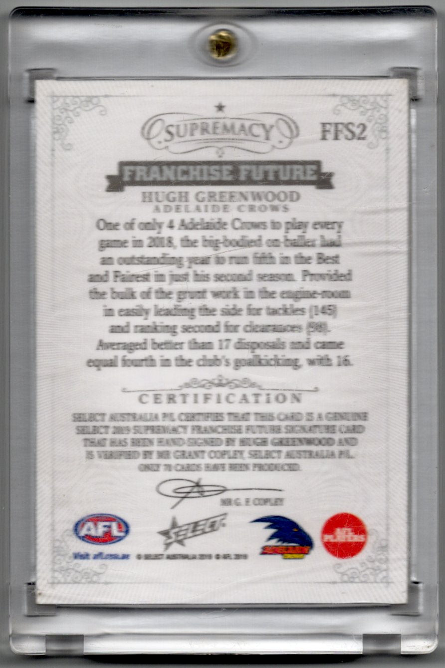 2019 Select AFL Supremacy HUGH GREENWOOD Franchise Future Signature 56/70